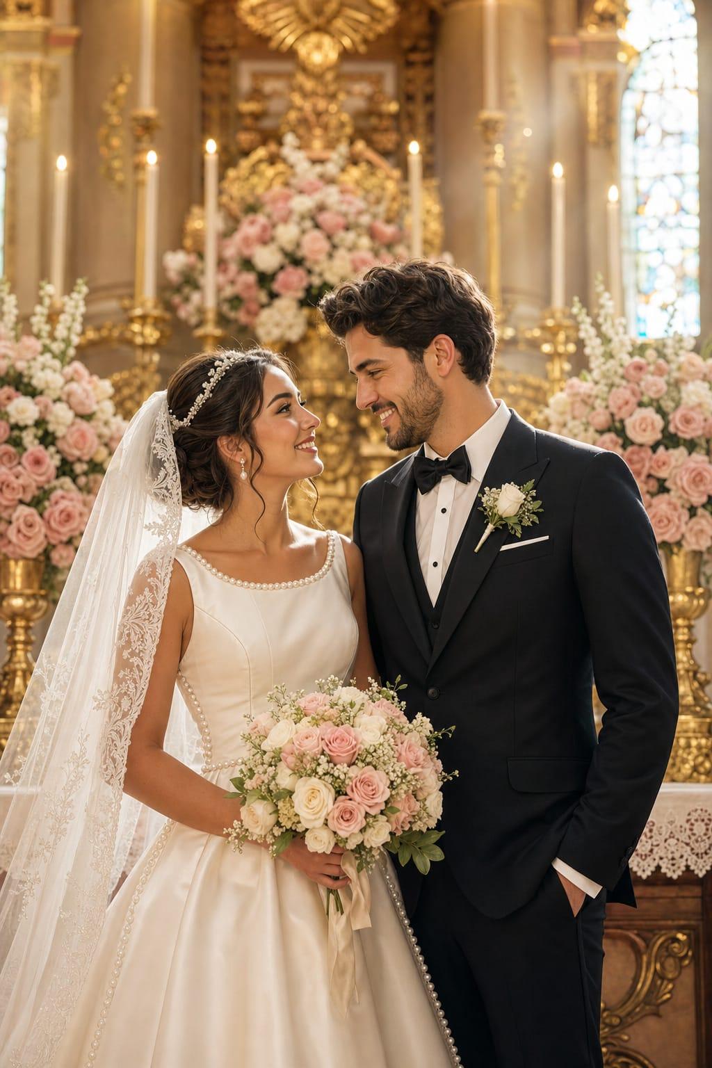 Casal de noivos sorrindo no altar da igreja no dia do casamento