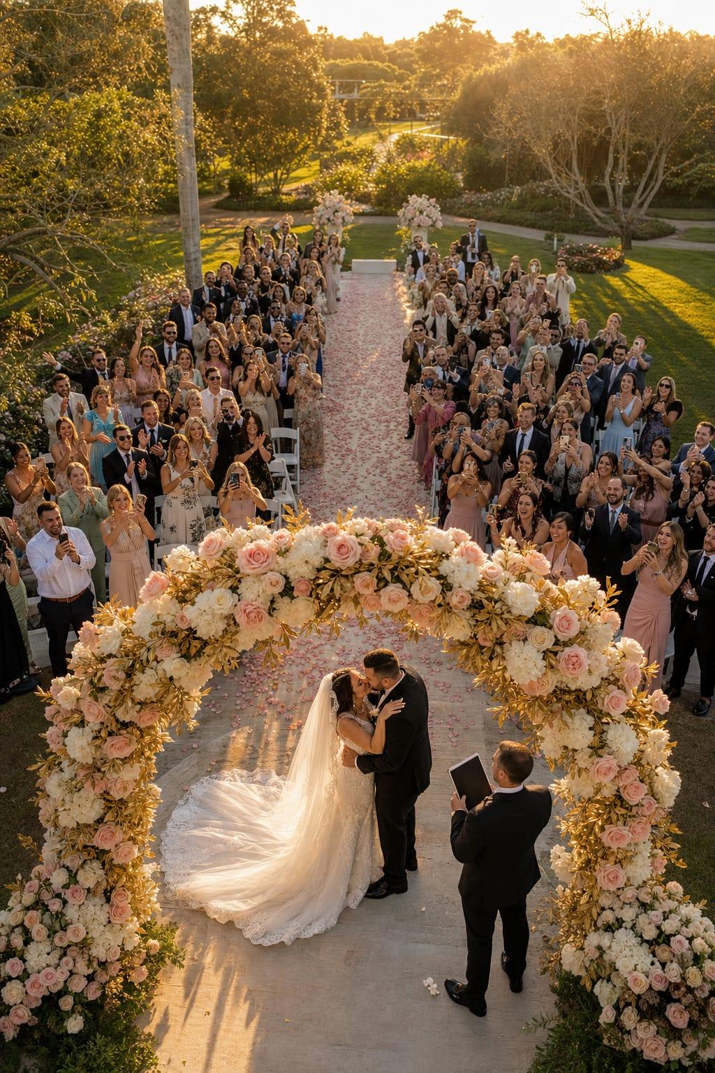 Festa de casamento vista de cima, convidados aplaudindo o beijo dos noivos