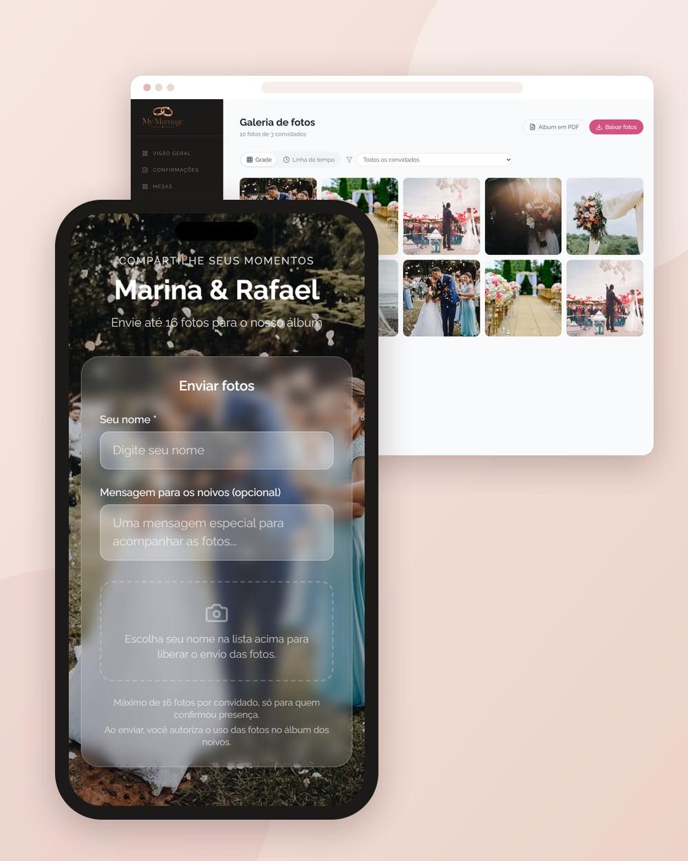 Tela de envio das fotos dos convidados pelo QR Code no celular e a galeria de fotos do casamento no painel