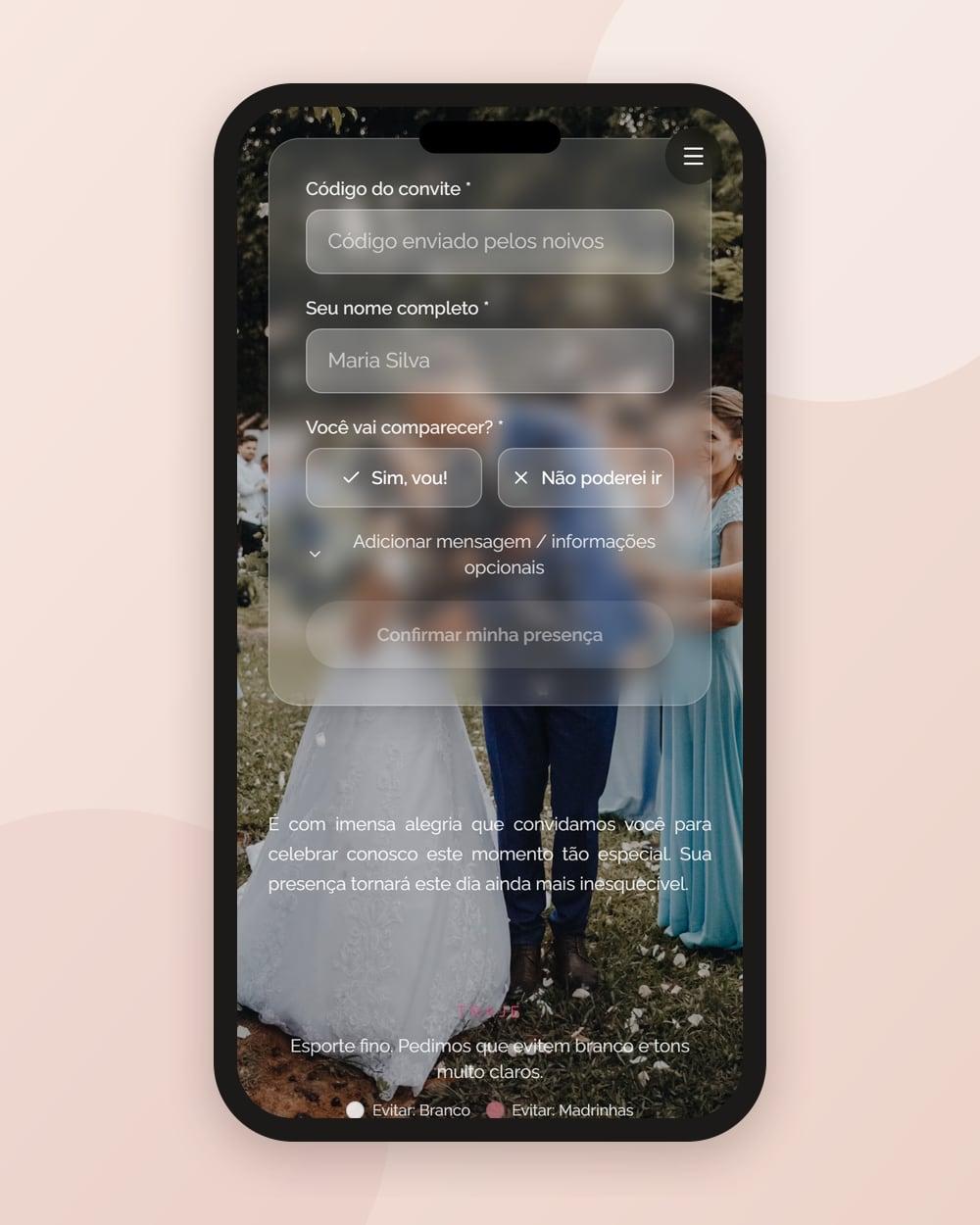 Lista de confirmação de presença do casamento aberta no celular do convidado