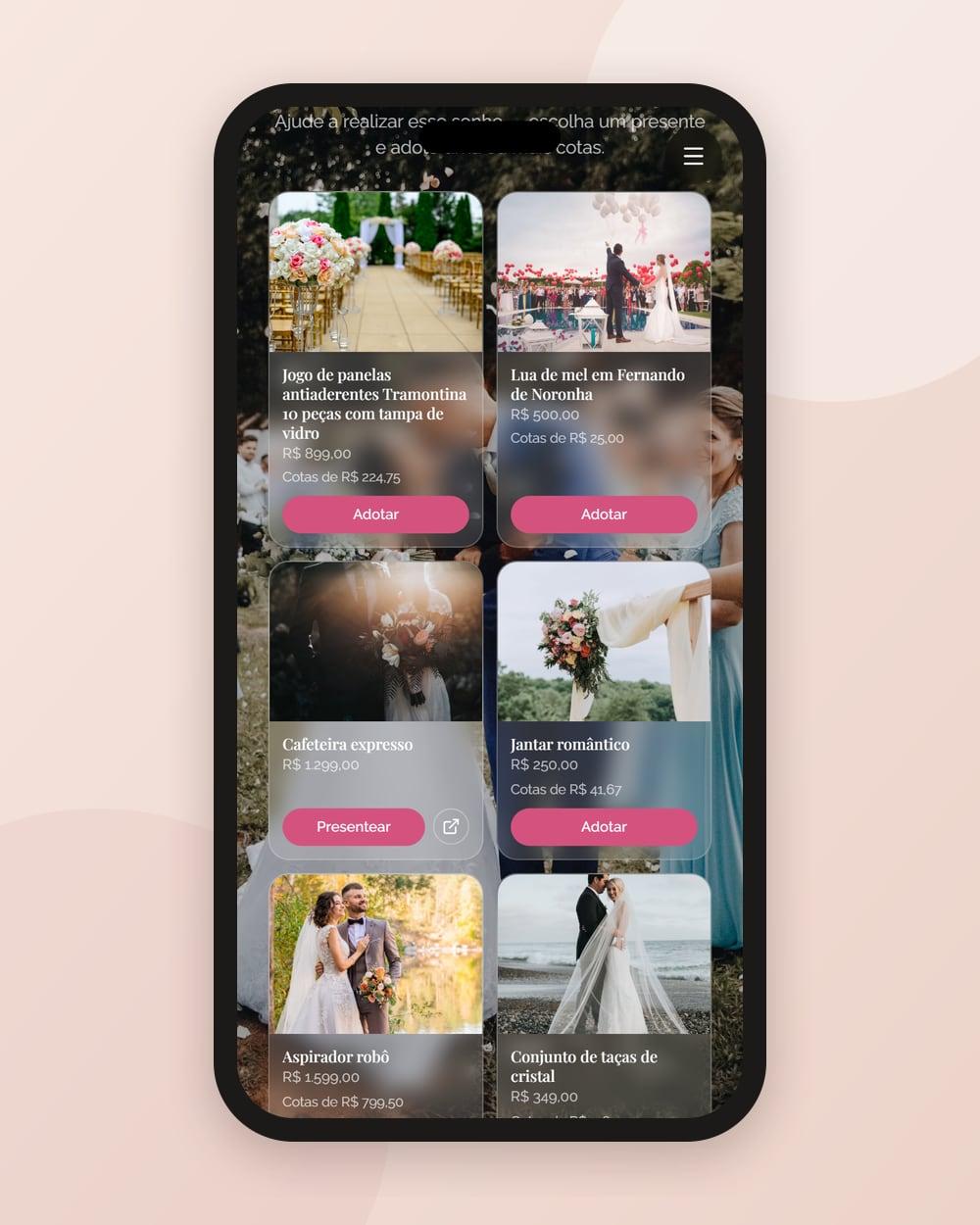 Lista de presentes de casamento com pagamento no Pix, aberta no celular