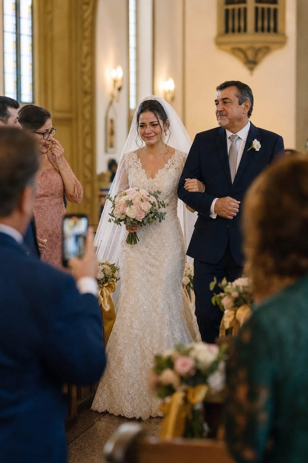Noiva emocionada entrando na igreja com o pai