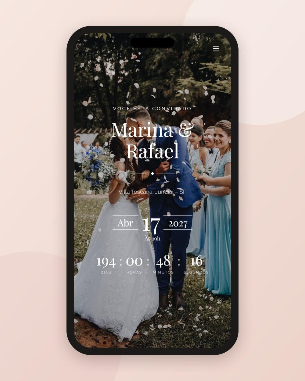 Página do casal no celular, com foto, data do casamento e contagem regressiva