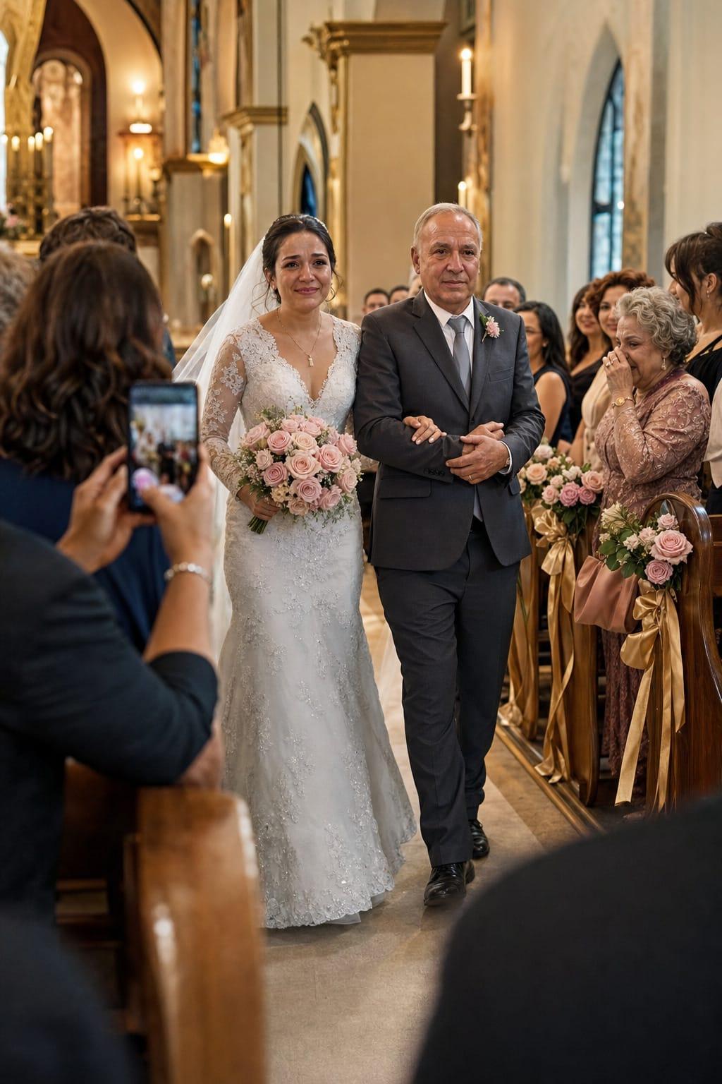 Pai da noiva na entrada do casamento, com convidados fotografando pelo celular