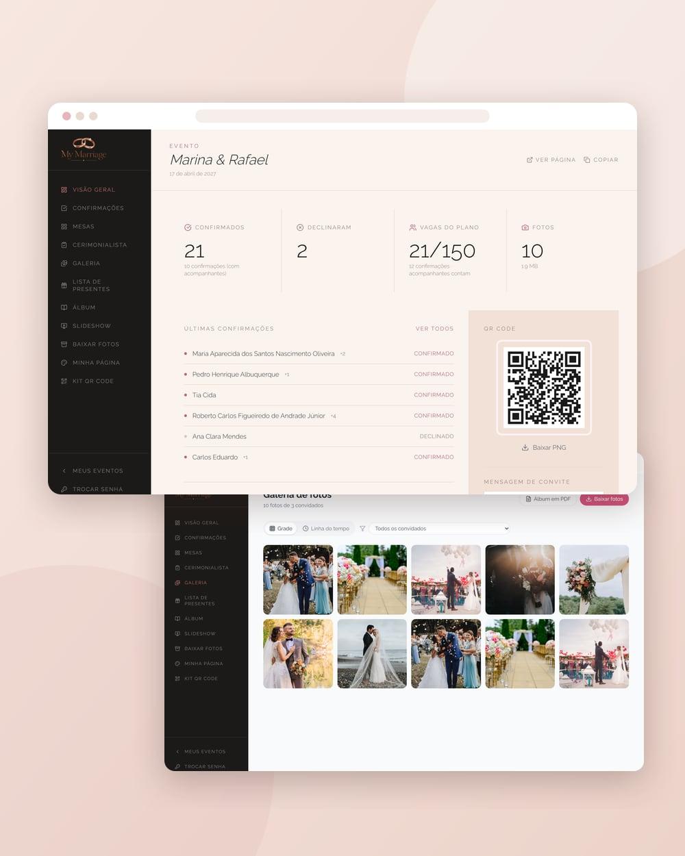 Painel dos noivos com as confirmações de presença, o QR Code e a galeria de fotos