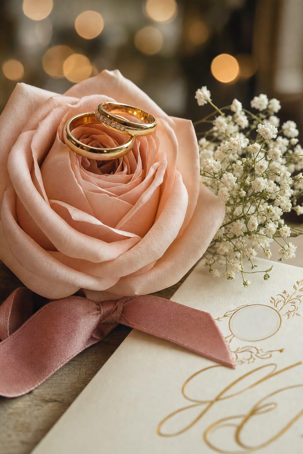 Alianças de casamento sobre uma rosa, ao lado do convite de casamento