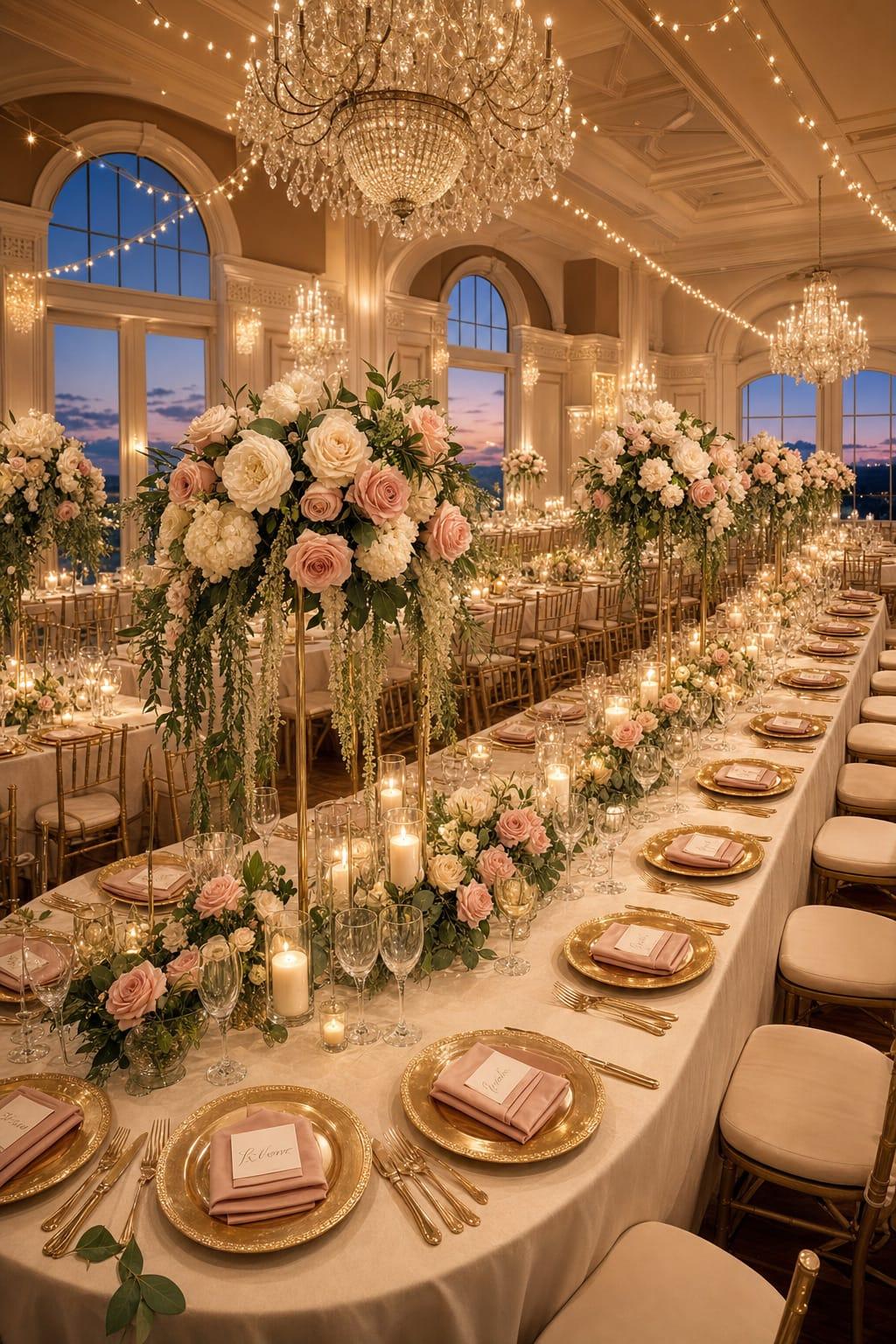 Mesas dos convidados decoradas com flores e velas na festa de casamento
