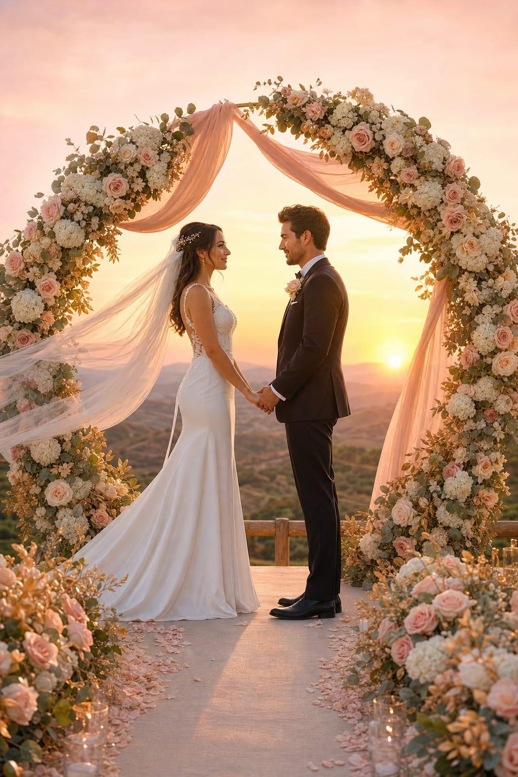 Noivos de mãos dadas sob o arco de flores no pôr do sol, no dia do casamento